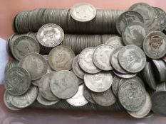 COINS: TUB WITH PRE 1947 SILVER SHILLINGS, TOTAL WEIGHT 2 KILOS APPROX.