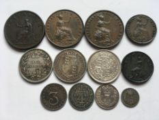 COINS: SMALL SELECTION ENGLISH WITH 1820 SHILLING, 1807, 1853 AND 1855 COPPER HALFPENNIES,