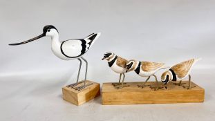 A HAND CARVED STUDIO SCULPTURE OF AN AVOCET, H 27CM + A FURTHER EXAMPLE OF RINGED PLOVERS,