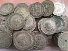 COINS: TUB WITH PRE 1947 SILVER HALFCROWNS, FACE £9-12½, WEIGHT 1.01 KILOS APPROX.