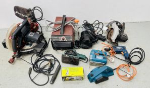 VARIOUS POWER TOOLS TO INCLUDE AEG ELECTRIC DRILL, REXON CHOP SAW, EASYWELDER STICK WELDER,