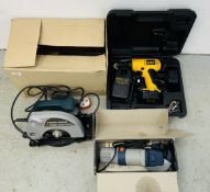 A GROUP OF 3 POWER TOOLS TO INCLUDE 12 VOLT CORDLESS DEWALT DRILL IN HARD CASE, WICKES 800W 4.