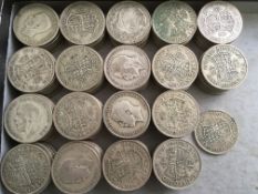 COINS: TUB WITH PRE 1947 SILVER HALFCROWNS, FACE £18-12½, WEIGHT 2.01 KILOS APPROX.