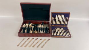 AN ANTIQUE OAK CASE OF FRUIT KNIVES WITH MOTHER OF PEARL HANDLES AND A MAHOGANY CASE CONTAINING