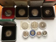 COINS: BOX WITH UK SILVER PROOFS, CROWNS (6), 1994 BANK OF ENGLAND £2, 1994 D.