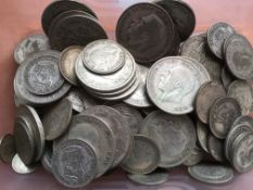 COINS: TUB WITH PRE 1947 SILVER COINS, TOTAL FACE APPROX £7.50, WEIGHT 840g.