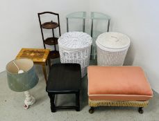 TWO WICKER LAUNDRY BASKETS, TABLE LAMP AND MAHOGANY 3 TIER CAKE STAND, ITALIAN MUSIC BOX,