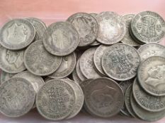 COINS: TUB WITH PRE 1947 SILVER HALFCROWNS, FACE £9-12½, WEIGHT 1.01 KILOS APPROX.