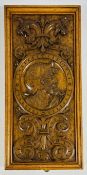 A CARVED OAK ROMAYNE PORTRAIT PANEL, W 28.5 X H 60.5CM.