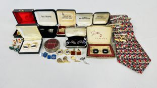 A COLLECTION OF CUFF LINKS AND TIE BARS, SOME BOXED EXAMPLES.