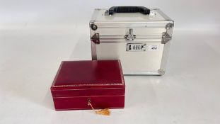 ALUMINIIUM FLIGHT VANITY CASE AND A MOROCCAN LEATHER JEWELLERY BOX.