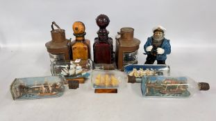 4 X SHIPS IN BOTTLES, PAIR OF NAVIGATION LAMPS PORT & STARBOARD,