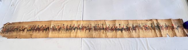 A VINTAGE HAND SKETCHED AND PAINTED PANEL RELATED TO THE BRITISH ARMY DEPICTING THE DIFFERENT