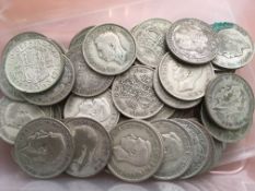 COINS: TUB WITH PRE 1947 SILVER HALFCROWNS, FACE £9-12½, WEIGHT 1.01 KILOS APPROX.