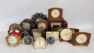 A BOX OF ASSORTED CLOCKS TO INCLUDE DECO MANTEL CLOCKS, BIG BEN REPEATER ALARM CLOCK ETC.