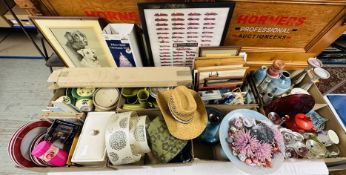 11 X BOXES OF HOUSEHOLD SUNDRIES TO INCLUDE KITCHENALIA, GLASSWARE AND FRAMED PICTURES,