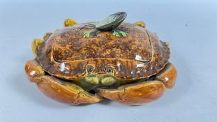 A BROWN WEST HEAD AND MOORE MAJOLICA CRAB TUREEN, THE LID WITH OYSTER SHELL ON SEAWEED HANDLE,