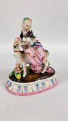 A CONTINENTAL PORCELAIN FIGURE GROUP OF A GIRL ON A GOAT, H 20CM.