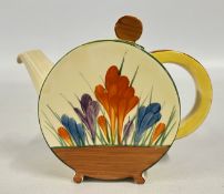 A CLARICE CLIFF BIZARRE CROCUS PATTERN TEAPOT, H 13CM.