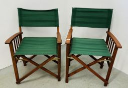 TWO HARDWOOD FRAMED DECK CHAIRS.