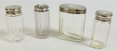 A GROUP OF 4 VINTAGE SILVER TOPPED DRESSING TABLE VANITY JARS / POTS, VARIOUS DATES AND MAKERS.