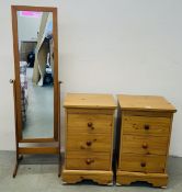 A PAIR OF PINE EFFECT THREE DRAWER BESIDE CHESTS, W 44CM X D 41CM X H 73CM AND A PINE CHEVAL MIRROR.