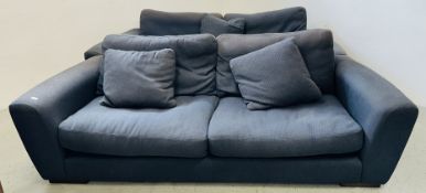 TWO DESIGNER BLUE UPHOLSTERED 3 SEATER SOFAS BY HEALS.