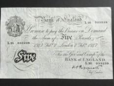 BANKNOTES: PEPPIATT WHITE FIVE POUNDS 1947 THIN PAPER, PREFIX L35. DUGGELBY B264.