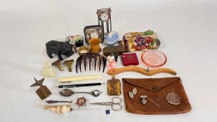 A TRAY OF COLLECTIBLES TO INCLUDE A SILVER FRONTED CLOCK, ONE OTHER, BOXED COMPASS, SCENT FLASK ETC.