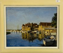 A FRAMED OIL ON BOARD DEPICTING A LOCAL HARBOUR SCENE BEARING SIGNATURE R.E. JORDAN, W 47 X H 37CM.