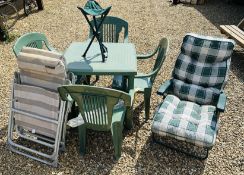 3 X FOLDING GARDEN SUN CHAIRS, 4 X GREEN UPVC GARDEN CHAIRS AND GREEN UPVC GARDEN TABLE.