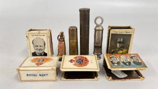 A GROUP OF COLLECTIBLES TO INCLUDE MILITARY, TRENCH ART, HUDSON & CO. WHISTLE, MATCHBOX HOLDERS ETC.