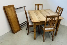VINTAGE OAK EXTENDING DINING TABLE AND FOUR CHAIRS.
