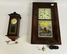 AM AMERICAN WALL CLOCK WITH A REVERSE PAINTED GLASS PANEL DEPICTING STATE STREET BOSTON + A FURTHER