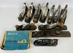 BOX OF ASSORTED WOODWORKING PLANES INCLUDING MANY STANLEY, RECORD, ETC.