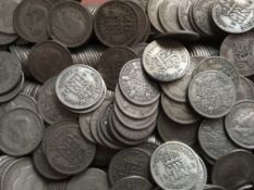 COINS: TUB WITH PRE 1947 SILVER SIXPENCES, TOTAL WEIGHT 2 KILOS APPROX.