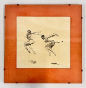 A VINTAGE MOUNTED PENCIL SKETCH DEPICTING DANCING SILHOUETTES BEARING SIGNATURE EILEAN PEARCY 1965,