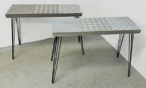 A PAIR OF MODERN SHABBY CHIC PRINTED OCCASIONAL / HALL TABLES ON METAL LEGS, W 90 X D 30 X H 70CM.