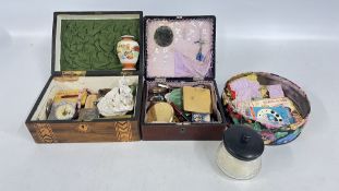A VINTAGE MARQUETRY INLAID SEWING BOX AND CONTENTS TO INCLUDE COLLECTABLE TINS, LIMOGE TRINKET BOX,
