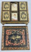 AN ELABORATE ANTIQUE CHINESE EXPORT GILT AND LACQUER GAMES BOX WITH MOTHER OF PEARL TOKENS AND