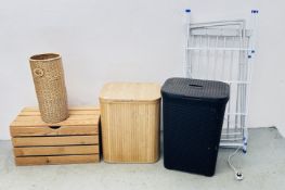 VARIOUS LAUNDRY BINS TO INCLUDE WOODEN AND RATTAN EXAMPLES PLUS A HEATED CLOTHES AIRER.