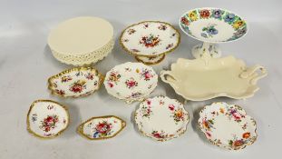A GROUP OF HAMMERSLEY PORCELAIN 'LADY PATRICIA' PATTERN TO INCLUDE CIRCULAR CAKE STAND, A LEAF DISH,