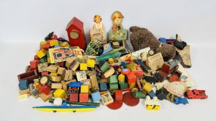 A GROUP OF VINTAGE PLASTIC AND WOODEN TOYS INCLUDING A CUTTY SARK, TRIANG MINIC, WALKING TOY.