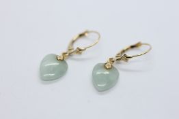 A PAIR OF POLISHED HARDSTONE HEART DROP EARRINGS MARKED 14KT AND BOX.