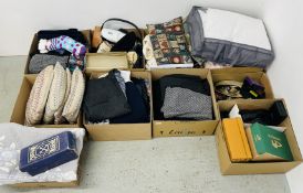10 X BOXES OF ASSORTED HOUSEHOLD LINEN, CUSHIONS, BEDSPREAD, SHOES & CLOTHING,