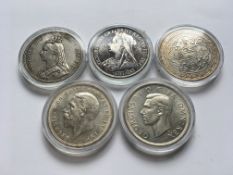 COINS: ENGLISH CROWNS 1890, 1896, 1935 AND 1937, ALSO TRADE DOLLAR 1908, ALL IN CAPSULES.