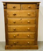 A WAXED PINE TWO OVER 5 DRAWER CHEST, W 94 X D 44 X H 128CM.