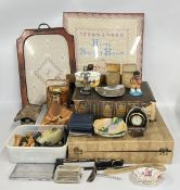 A VINTAGE BOUND BIBLE WITH BRASS CLASPS + A BOX OF COLLECTIBLES TO INCLUDE CHESS PIECES,