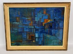 A FRAMED MID CENTURY ABSTRACT OIL ON BOARD BEARING SIGNATURE RCD LOWRY 1962, W 65 X H 55CM.
