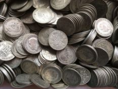 COINS: TUB WITH PRE 1947 SILVER SIXPENCES, TOTAL WEIGHT 1.5 KILOS APPROX.